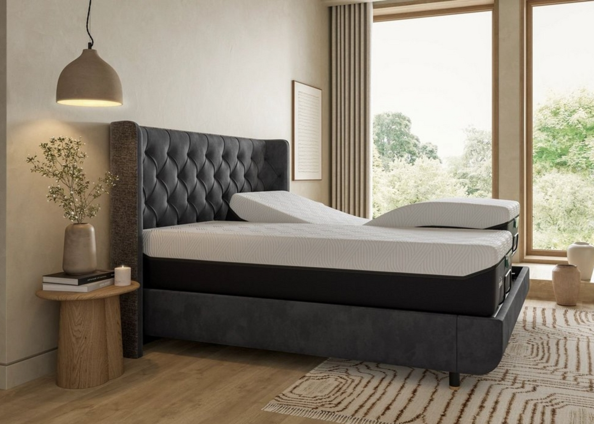 A mattress with an elevated base in a minimalist room