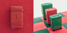 A two-part header image shows an aluminium red personal bag with the sign 'RIMOWA' (on the left) and three suitcase of the same model, the first two in green, the central one in red, standing atop a chequered floor in the same hues (on the right).