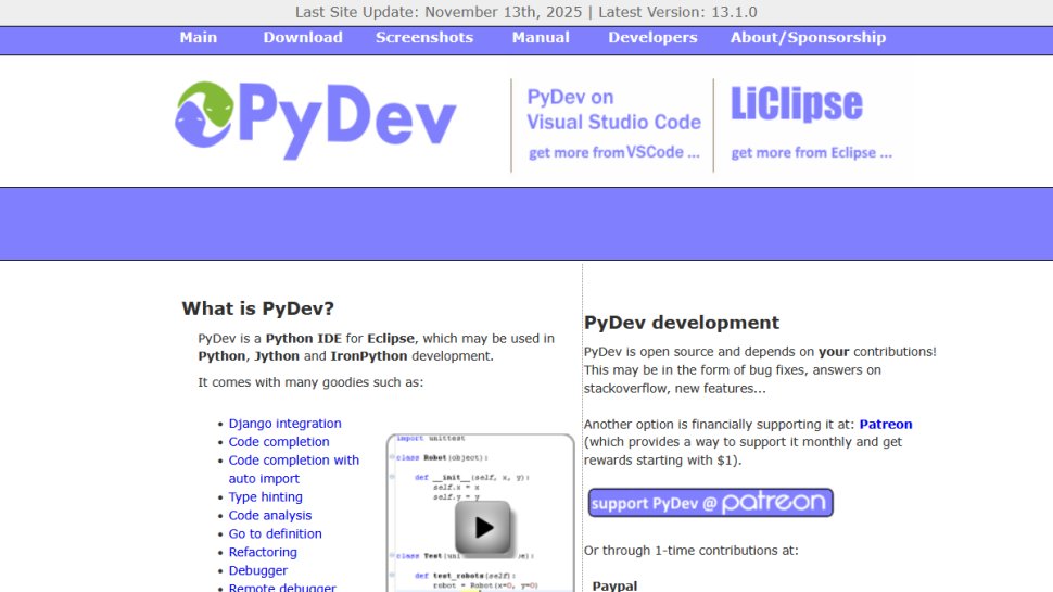 PyDev website screenshot (January 2026).