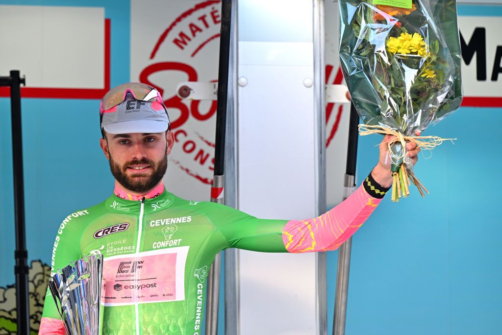 BESSEGES FRANCE FEBRUARY 02 Simon Carr of The United Kingdom and Team EF Education EasyPost celebrates at podium as green most combative rider jersey winner during the 54th Etoile de Besseges Tour du Gard Stage 3 a 16111km stage from Besseges to Besseges on February 02 2024 in Besseges France Photo by Luc ClaessenGetty Images