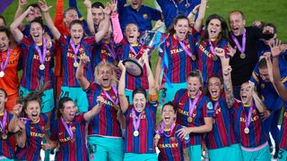 Vicky Losada of FC Barcelona lifts the trophy after winning the UEFA Women's Champions League Final match between Chelsea FC and Barcelona at Gamla Ullevi on May 16, 2021 in Gothenburg, Sweden. (