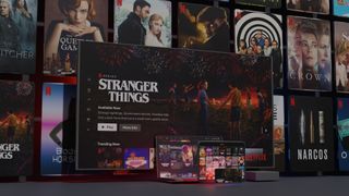 The Netflix homescreen on a TV, laptop, tablet and phone