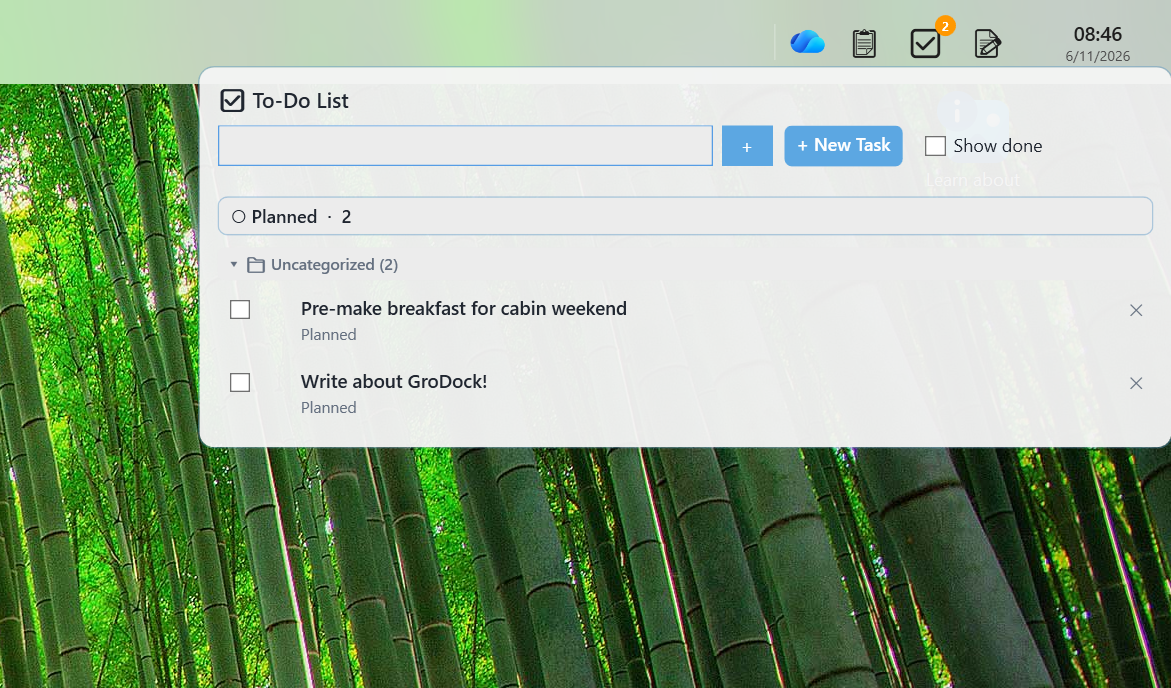 A GroDock to-do list interface with a bamboo background showing planned tasks.