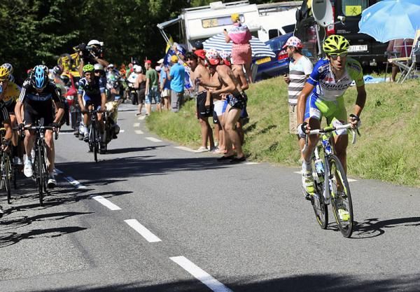 Vincenzo Nibali attacks the yellow jersey group on the upper slopes of the Peyresourde.