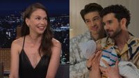 Sutton Foster smiling on The Tonight Show and Charlie and Brian holding thier baby on Shrinking. 