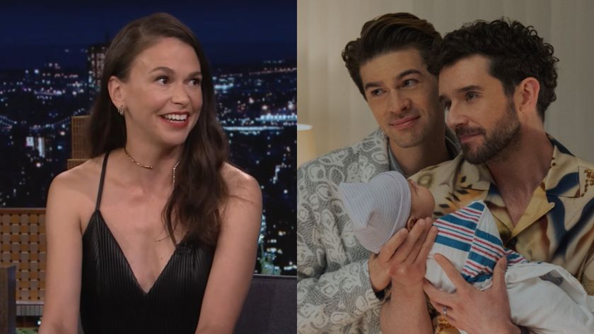 Sutton Foster smiling on The Tonight Show and Charlie and Brian holding thier baby on Shrinking. 