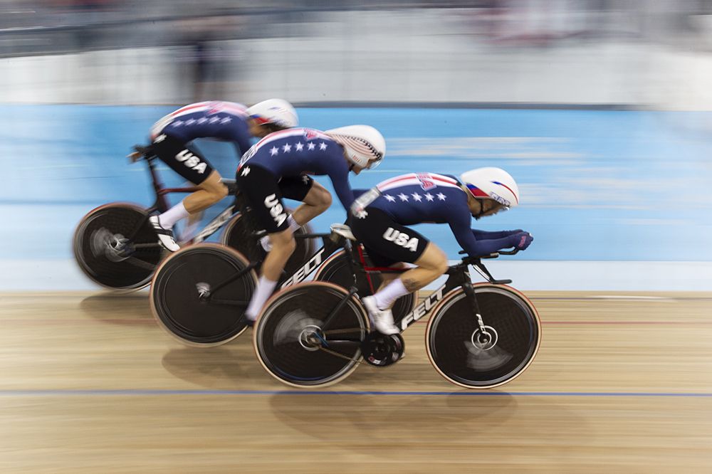 Ashton Lambie with the US men's Team Pursuit at the UCI Track World Cup in Milton