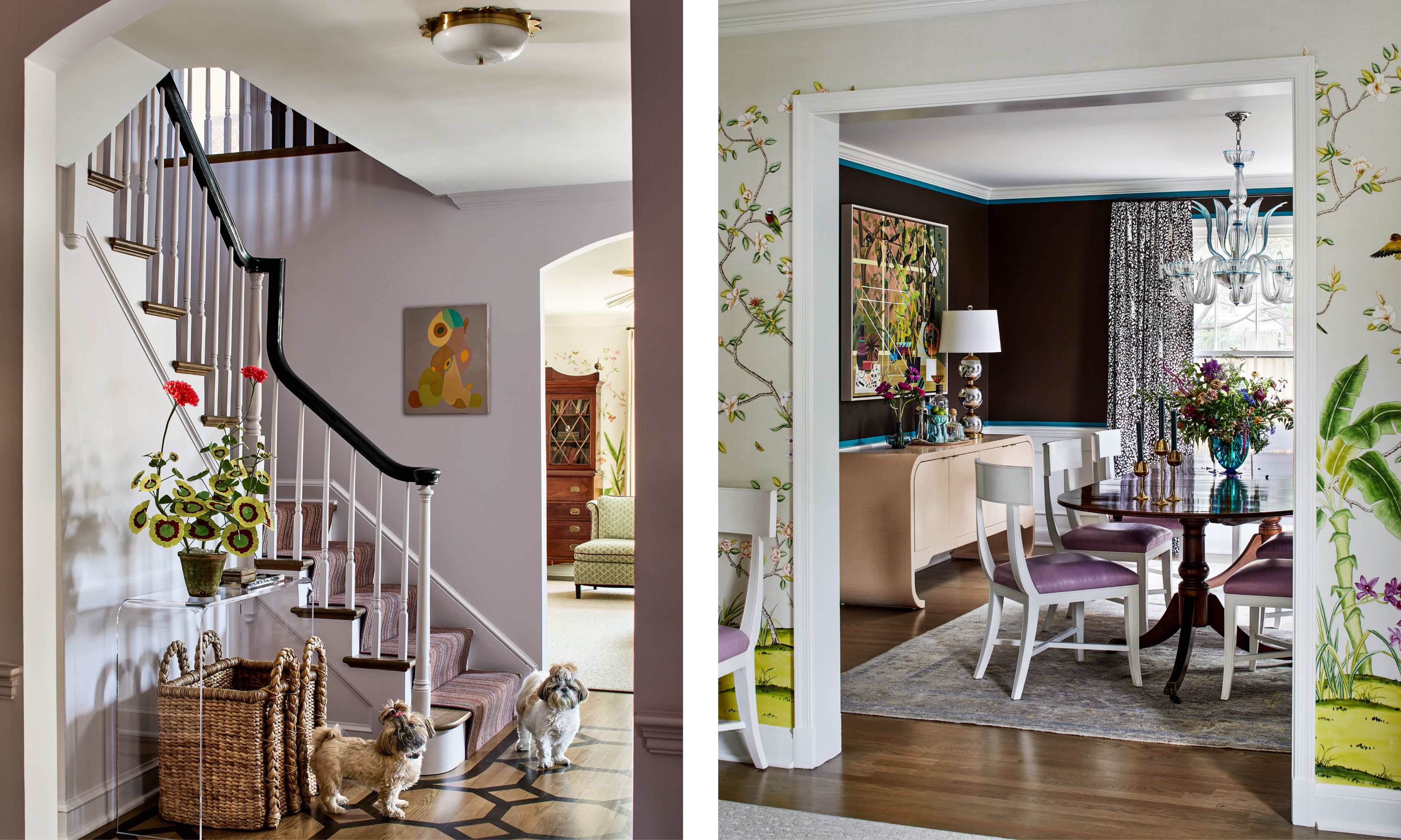 An image of a purple hallway with white stair railings next to an image of a vignette looking into a dark plum dining room