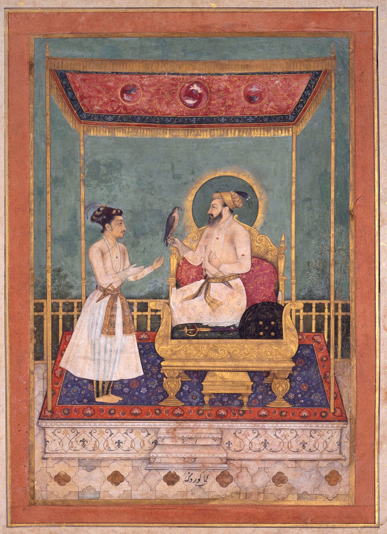 Shah Jahan accepts a falcon from Dara Shikoh, about 1630, opaque watercolour and gold on paper, 11½in by 7¾in, by Govardhan (active 1605–58), at The San Diego Museum of Art. Shahab-ud-Din Muḥammad Khurram (5 January 1592 – 22 January 1666 OS) better known by his regnal name, Shah Jahan (Persian: &quot;King of the World&quot;), was the fifth Mughal emperor, who reigned from 1628 to 1658. © San Diego Museum of Art.