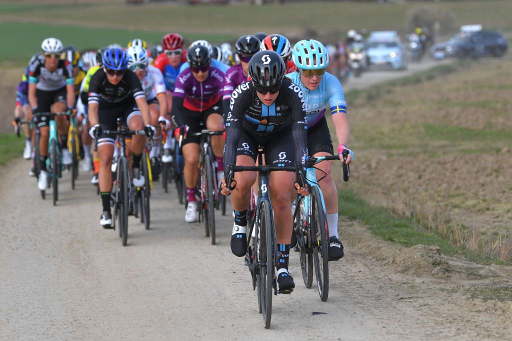 WEVELGEM BELGIUM MARCH 28 Franziska Koch of Germany and Team DSM during the 10th GentWevelgem In Flanders Fields 2021 Womens Elite a 1417km race from Ypres to Wevelgem GWE21 GWEWomen FlandersClassic UCIWWT on March 28 2021 in Wevelgem Belgium Photo by Luc ClaessenGetty Images