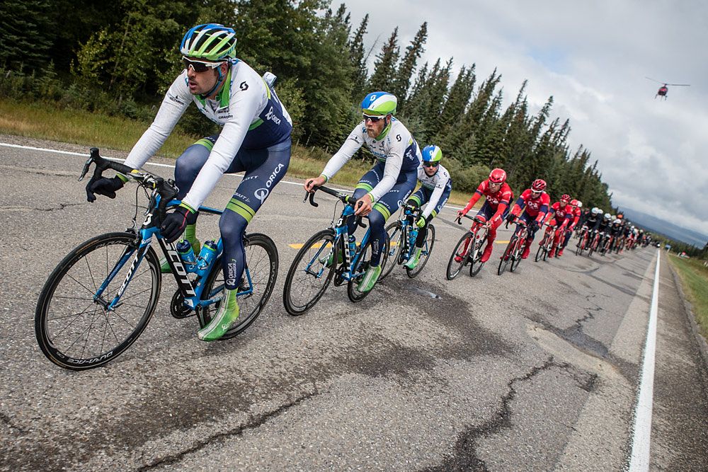 Orica-GreenEdge followed by Drapac as the race entered Jasper National Park