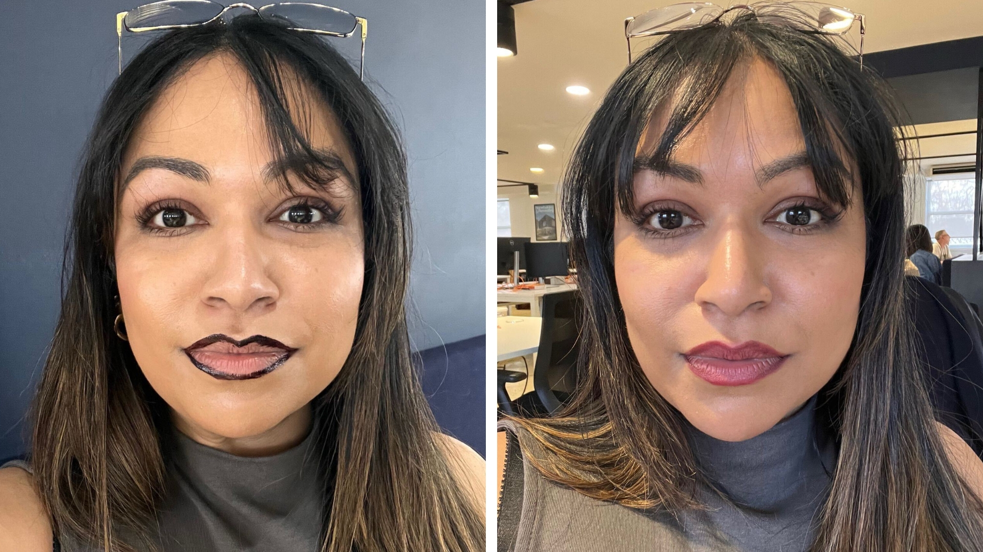 Collage of photos showing Aleesha Badkar during and after testing the Sacheu Lip Liner Stain