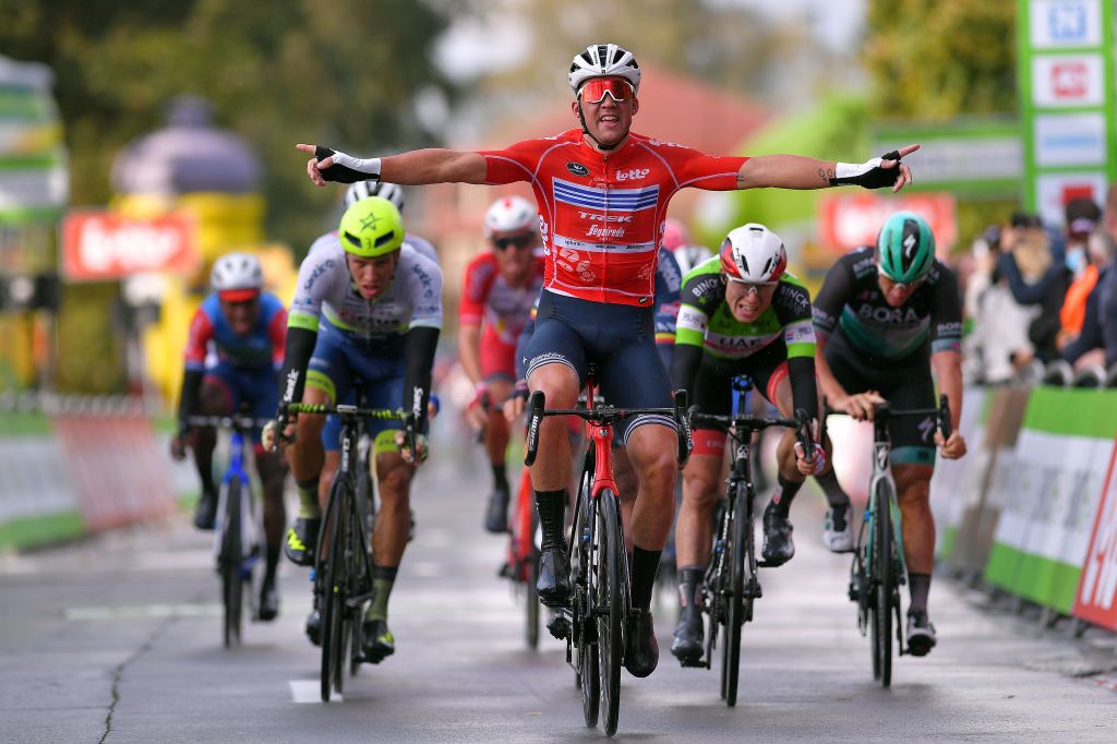 AALTER BELGIUM OCTOBER 01 Arrival Mads Pedersen of Denmark and Team Trek Segafredo Red Points Jersey Celebration Jasper Philipsen of Belgium and UAE Team Emirates Green Leader Jersey Danny Van Poppel of The Netherlands and Team Circus Wanty Gobert during the 16th BinckBank Tour 2020 Stage 3 a 157km stage from Aalter to Aalter BinckBankTour BinckBankTour on October 01 2020 in Aalter Belgium Photo by Luc ClaessenGetty Images