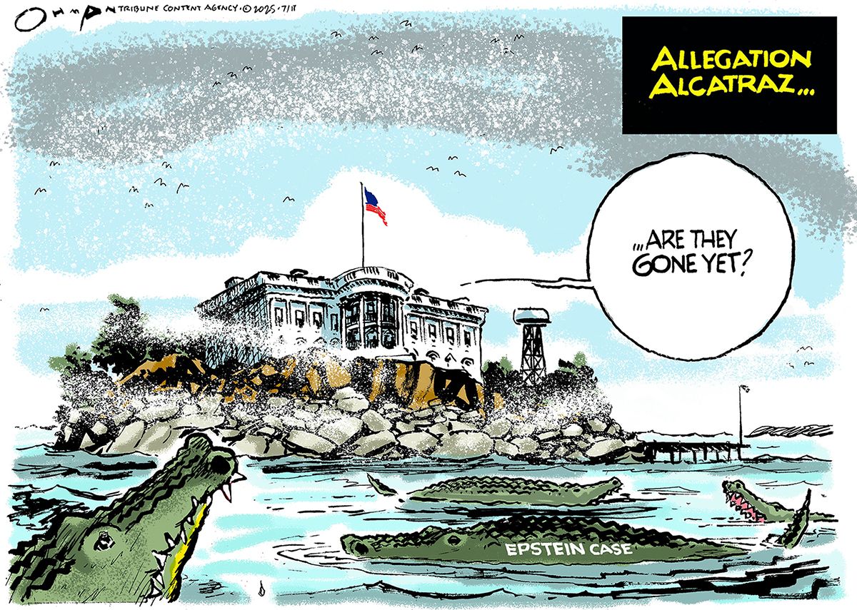 
                                This cartoon is titled “Allegation Alcatraz…” It shows the White House alone on a rocky island, surrounded by waters filled with alligators labeled “Epstein Case”. A voice from the White House asks, “...Are they gone yet?”
                            