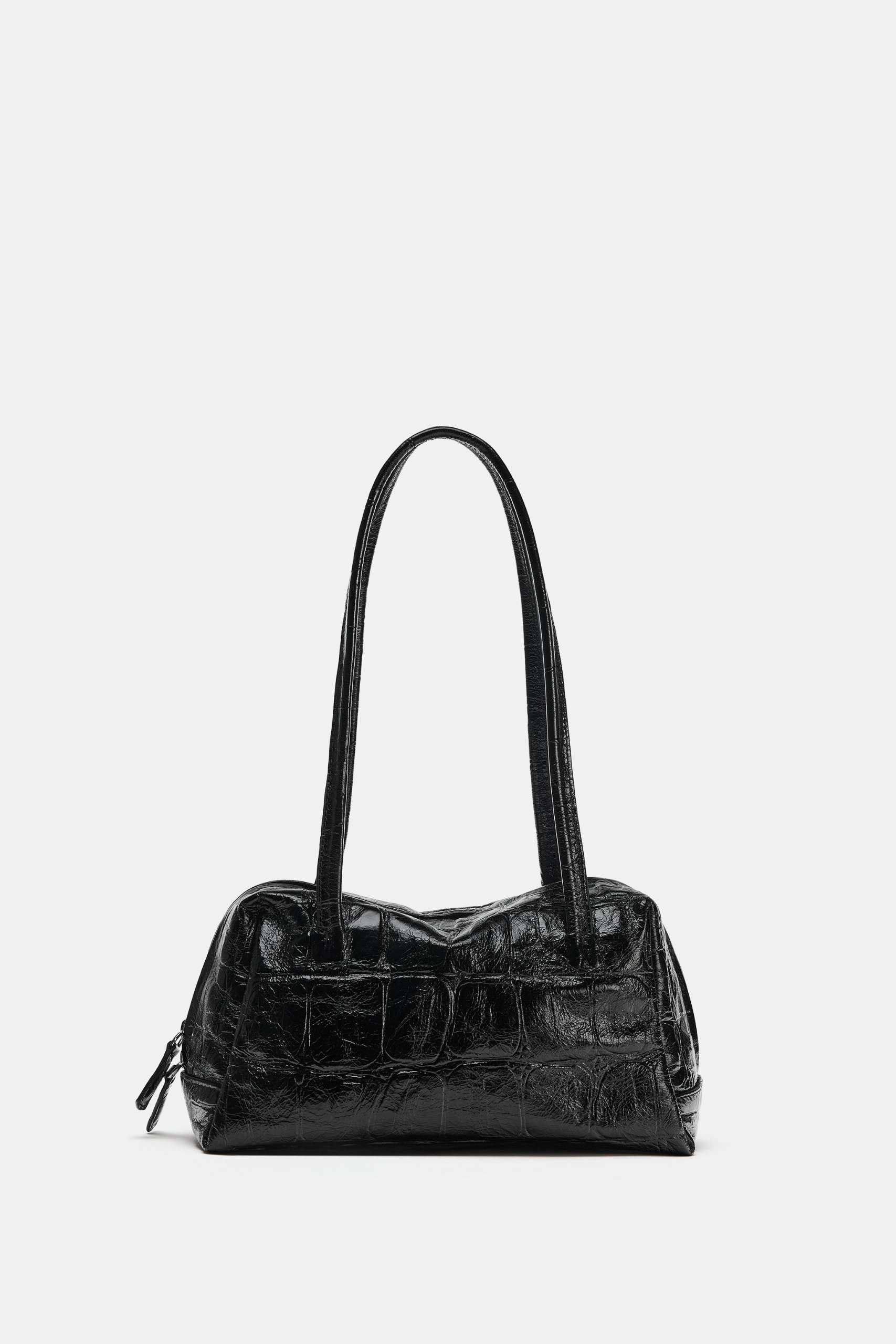 Textured Leather Shoulder Bowling Bag - Black - One Size Only