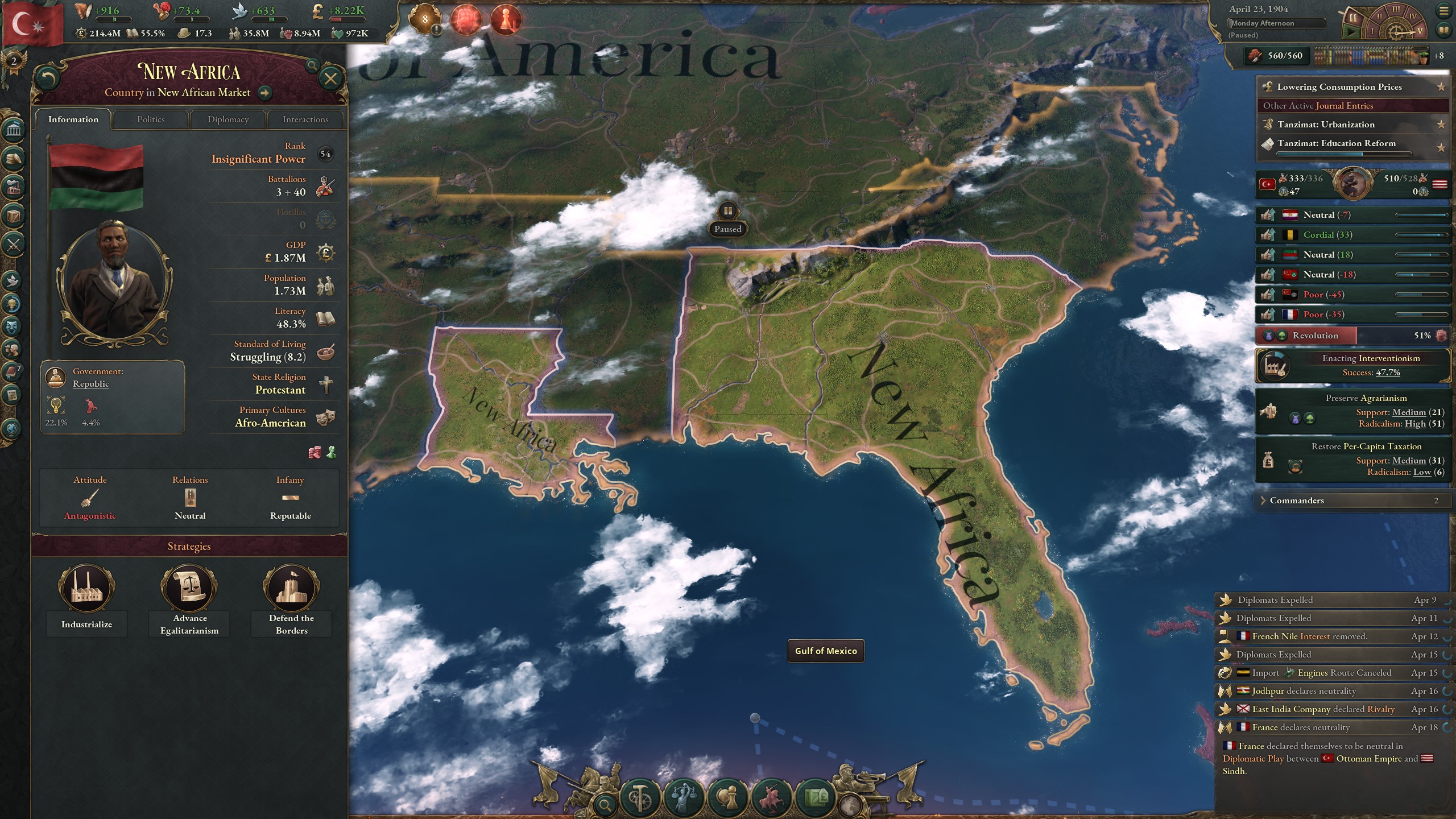 Victoria 3 map with Florida controlled by New Africa