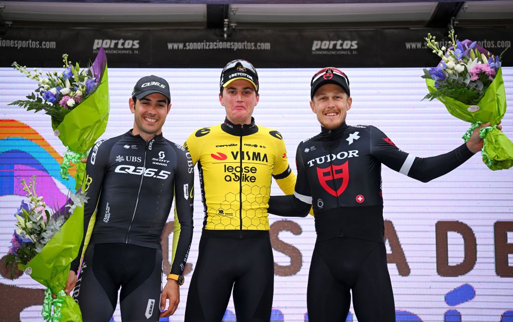 Clasica de Almeria podium (l-r): third place Matteo Trentin (Tudor), winner Olav Kooij (Visma-Lease a Bike) and second place Matteo Moschetti (Q365)
