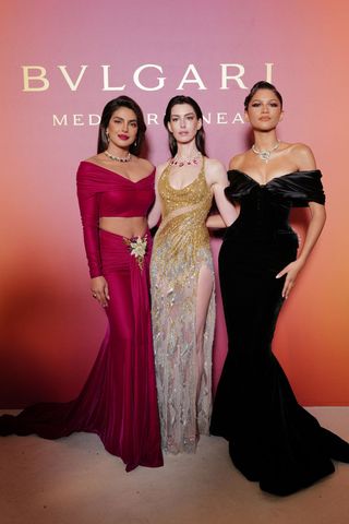 Priyanka Chopra Jonas, Anne Hathaway and Zendaya attends the "Bulgari Mediterranea High Jewelry" event at Palazzo Ducale on May 16, 2023 in Venice.