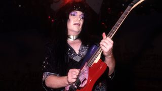 M&ouml;tley Cr&uuml;e lead guitar player Mick Mars performs onstage at the Joe Louis Arena during the Theater of Pain tour, on September 15, 1985, in Detroit, Michigan