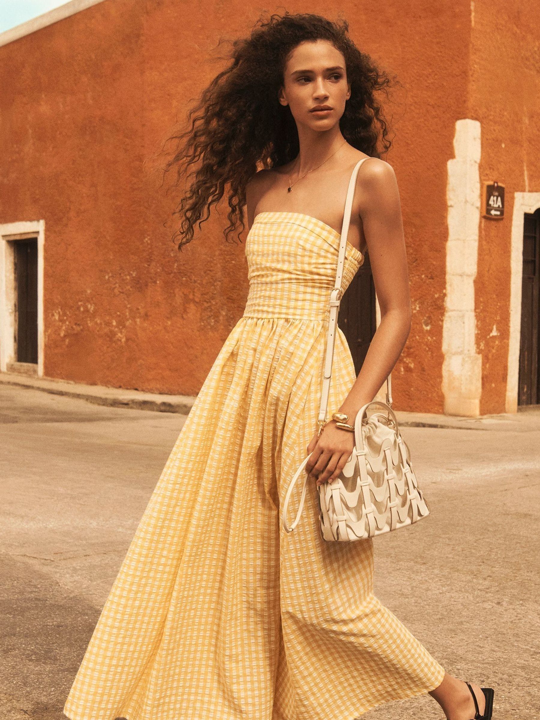Yellow Gingham Seersucker Bandeau Midi Summer Dress