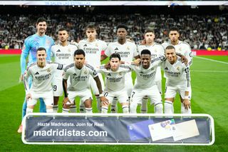 Real Madrid line up (L-R) Thibaut Courtois, David Alaba, Eder Militao, Federico Valverde, Casemiro, Karim Benzema, Miguel Ortega Gutierrez, Gareth Bale, Isco Alarcon, Daniel Carvajal, Vinicius Junior during the La Liga Santader match between Real Betis and Real Madrid CF at Estadio Benito Villamarin on August 28, 2021 in Seville, Spain. (Photo by Jose Breton/Pics Action/NurPhoto via Getty Images)