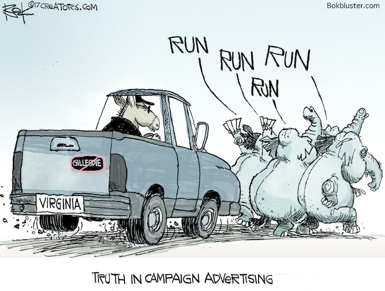 Political cartoon U.S. Democrats Virginia election campaign ads Gillespie