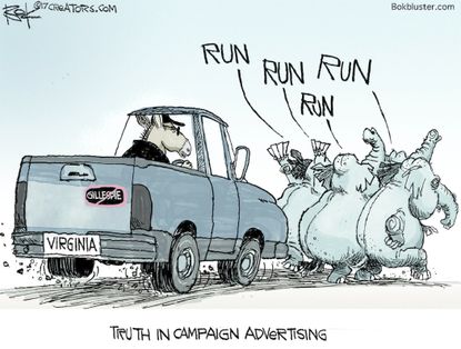 Political cartoon U.S. Democrats Virginia election campaign ads Gillespie