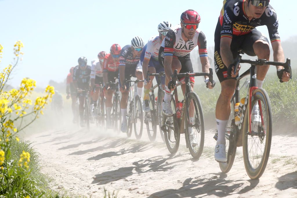 ROUBAIX FRANCE APRIL 17 Matteo Trentin of Italy and UAE Team Emirates competes passing through a cobblestones sector during the 119th ParisRoubaix 2022 Mens Elite a 2572km one day race from Compigne to Roubaix ParisRoubaix WorldTour on April 17 2022 in Roubaix France Photo by Bas CzerwinskiGetty Images