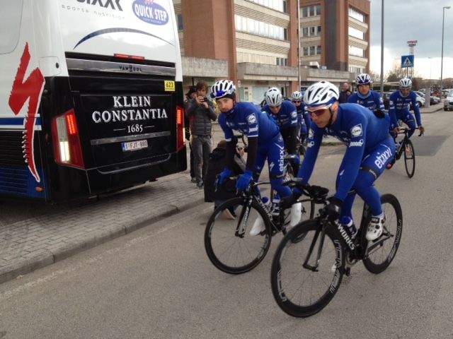 The Etixx-QuickStep team roll out for a training ride