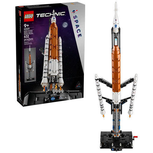 An orange and white pointed rocket is stood upright next to a dark product box, all on a white background.