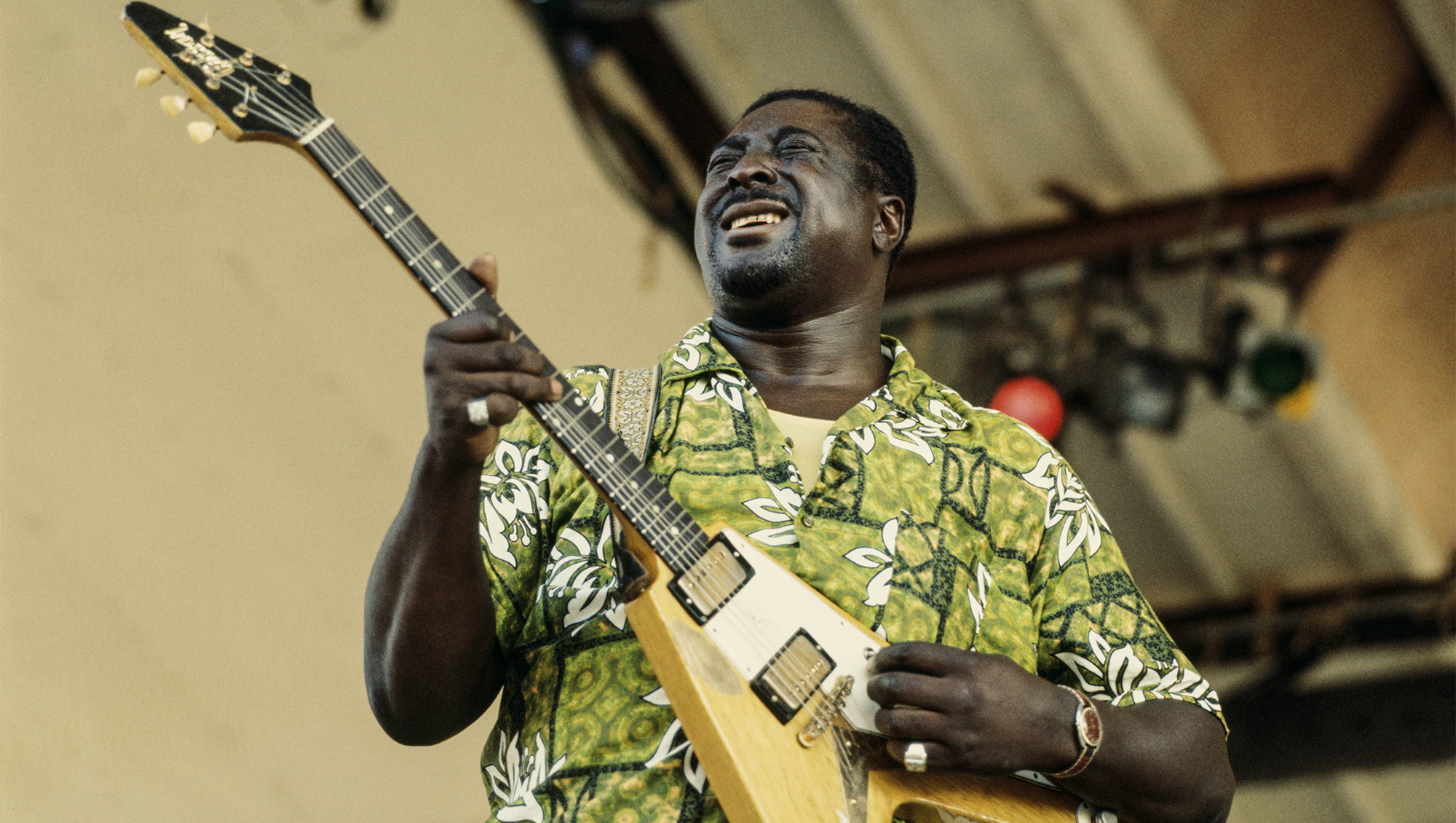 Albert King (1923 - 1992) performing live playing Gibson Flying V guitar at Newport Jazz Festival, held in Newport, Rhode Island, US, 12th July 1970