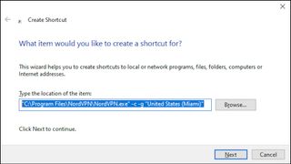 Creating a shortcut in Windows 10