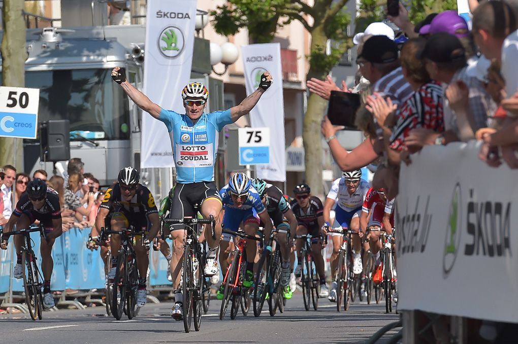 Andre Greipel on the stage 3 podium in Luxembourg.
