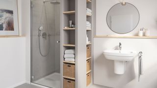 small bathroom with built-in storage and shower enclosure
