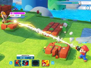 A screenshot from mario + rabbids Kingdom battle, showing Mario attacking a Rabbid with a Bwahnzai Bill arm cannon