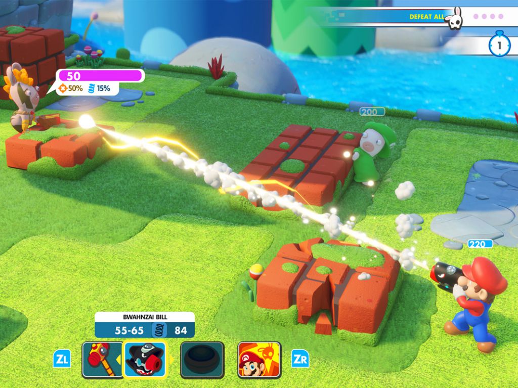 A screenshot from mario + rabbids Kingdom battle, showing Mario attacking a Rabbid with a Bwahnzai Bill arm cannon