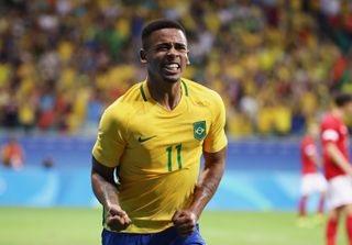 Gabriel Jesus celebrates after scoring for Brazil against Denmark in the men's football tournament at the 2016 Rio Olympics.