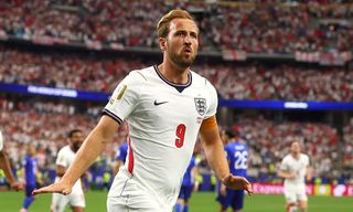 Harry Kane of England celebrates scoring a goal to make the score 1-0 during the FIFA World Cup 2026 Group L match between England and Croatia at Dallas Stadium. 