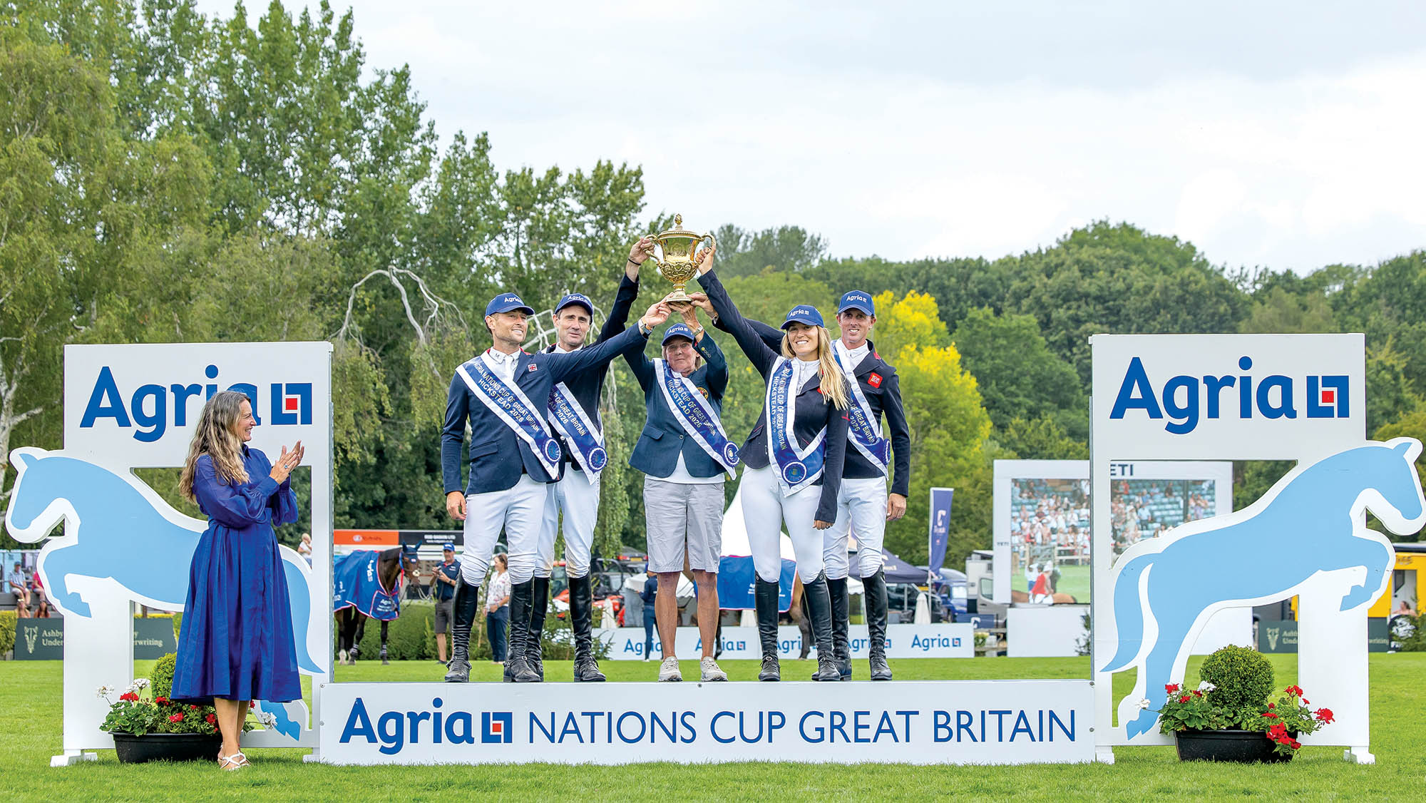 Team GB stand on the podium after winning the Agria Nations Cup of Great Britain at the Agria Royal International Horse Show, Hickstead, Sussex, UK. 24 July 2026