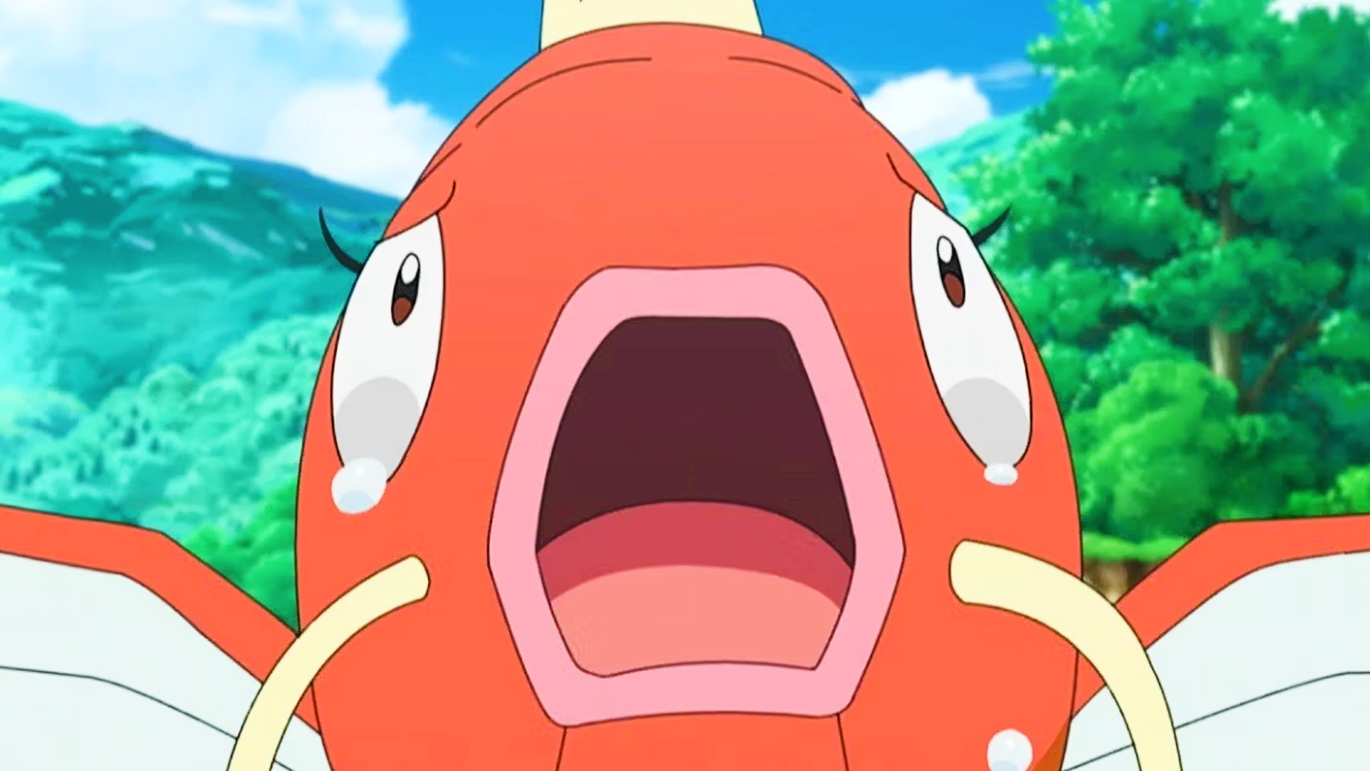A Pokemon called Magikarp looking stressed on screen
