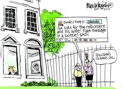 Political cartoon U.S. Trump tax cuts fake news tweet Gilligan's Island