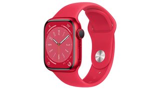 The Apple Watch Series 8 in red on a white background.