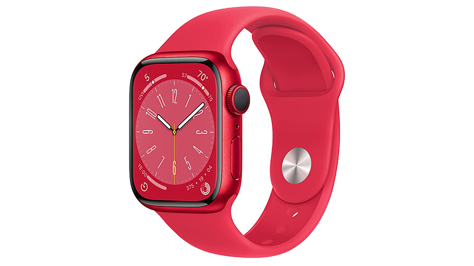 The Apple Watch Series 8 in red on a white background.