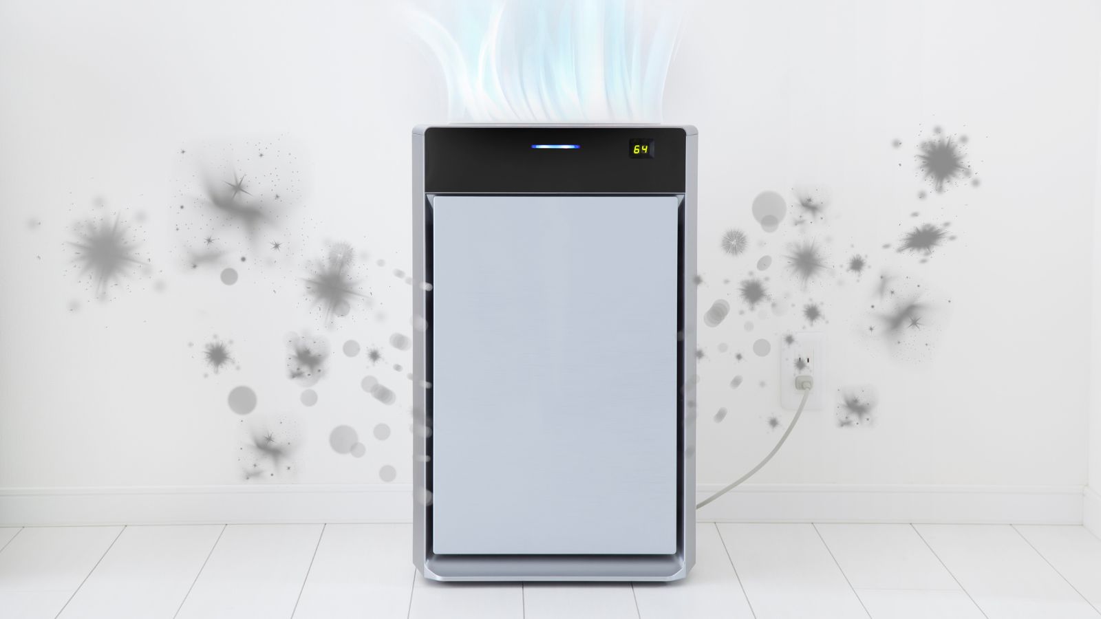 A modern air purifier placed against a white wall and plugged into a nearby socket. Grey particle graphics surround it, showing the removal of dust and allergens.