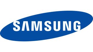 Samsung logo from 1993, showing white wordmark in slanted blue oval