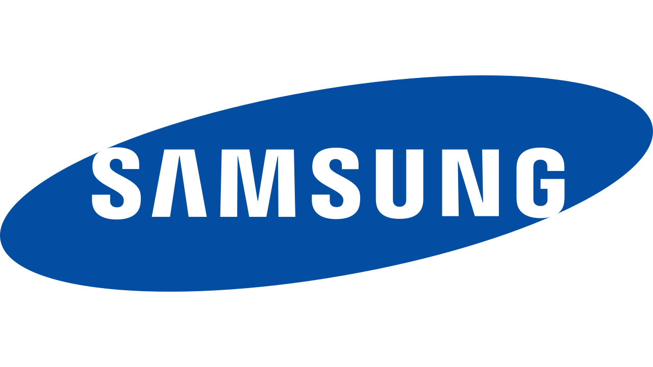 Logo Samsung de 1993, montrant un mot-symbole blanc dans un ovale bleu incliné