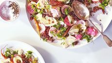 Root salad with crispy rice