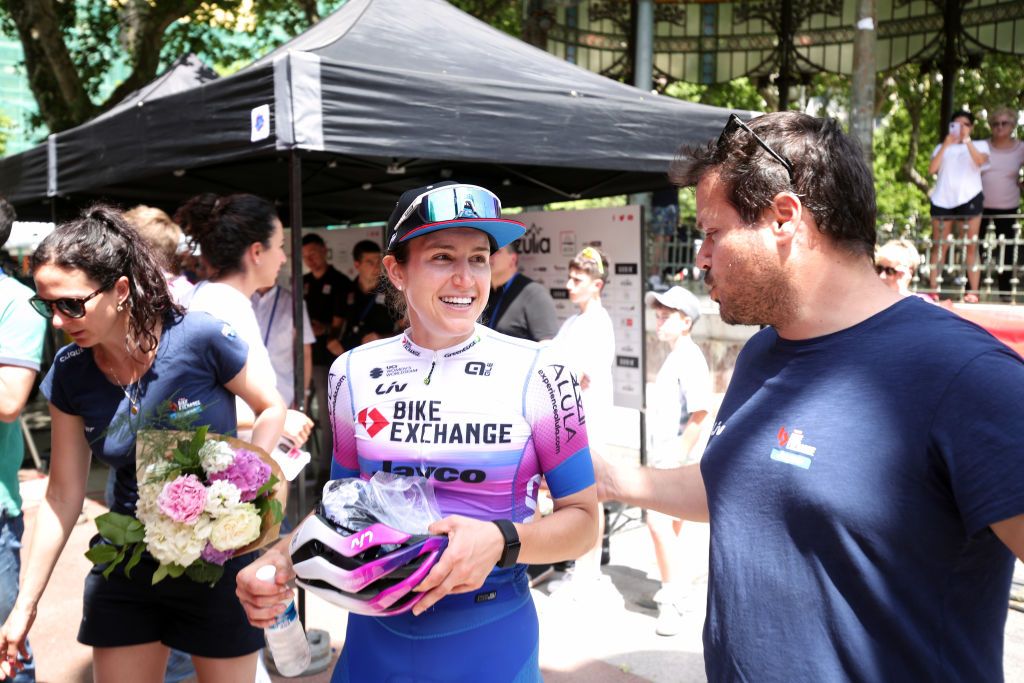 SAN SEBASTIAN SPAIN MAY 15 Kristen Faulkner of United States and Team Bikeexchange Jayco celebrates winning the second place on the podium ceremony after the 1st Itzulia Women 2022 Stage 3 a 1398km stage from DonostiaSan Sebastin to DonostiaSan Sebastin ItzuliaWomen UCIWWT on May 15 2022 in San Sebastian Spain Photo by Gonzalo Arroyo MorenoGetty Images