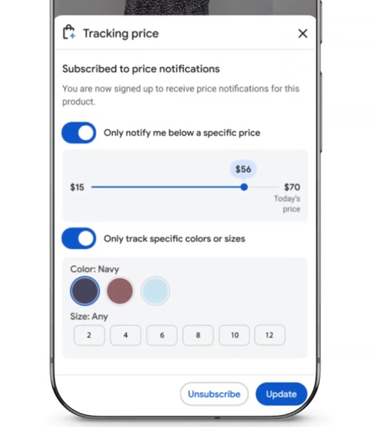 Google's updated "price alerts" lets users "track prices" for clothes they like, giving them customization options for price range, color, and size.