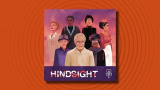 The logo of the Hindsight podcast on an orange background